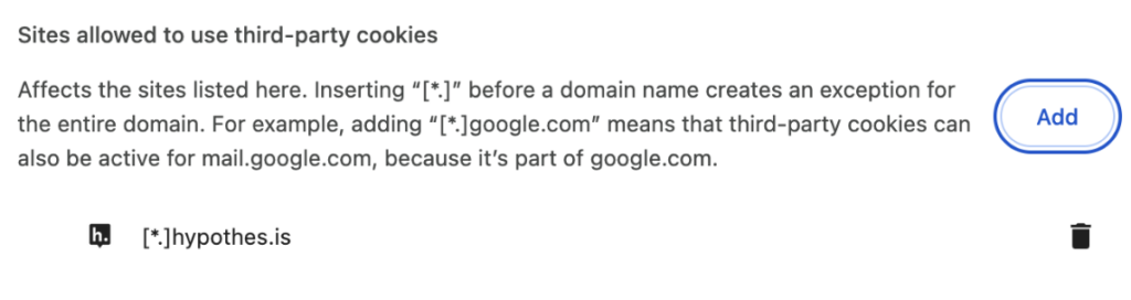 Chrome dialog showing the Sites allowed to use third-party cookies setting with hypothes.is added an allowed site.